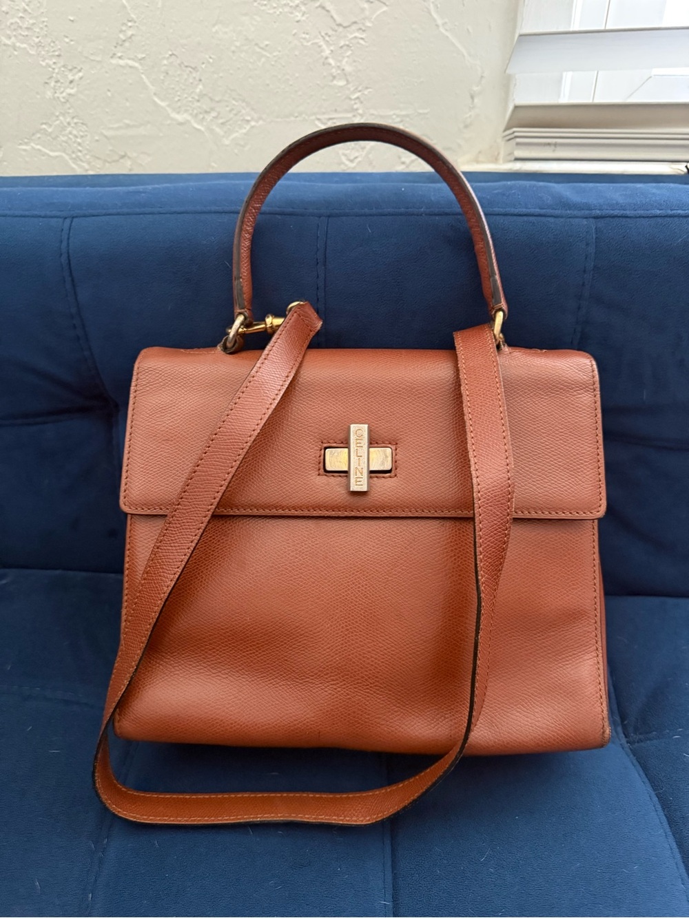 Celine Brown Leather Top-Handle Satchel with Gold Hardware